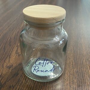 “5/$20” Cotton rounds glass storage jar with wooden lid